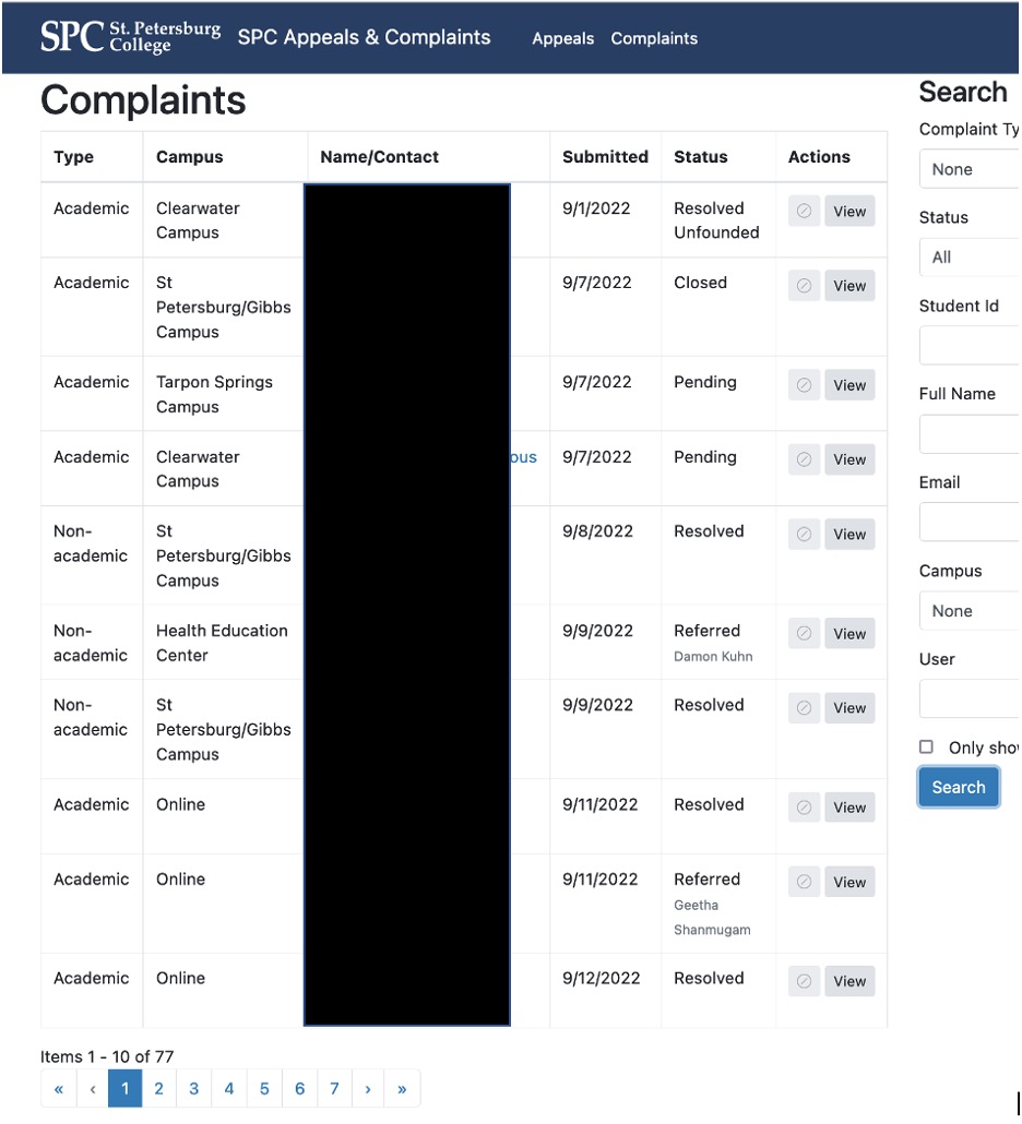 table screenshot of complaints on system